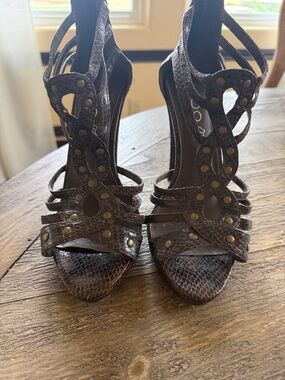 ALDO  BROWN STRAPPY SEXY SNAKESKIN STUDDED HIGH 4.5 INCH HEELS SIZE 36 Y2K
